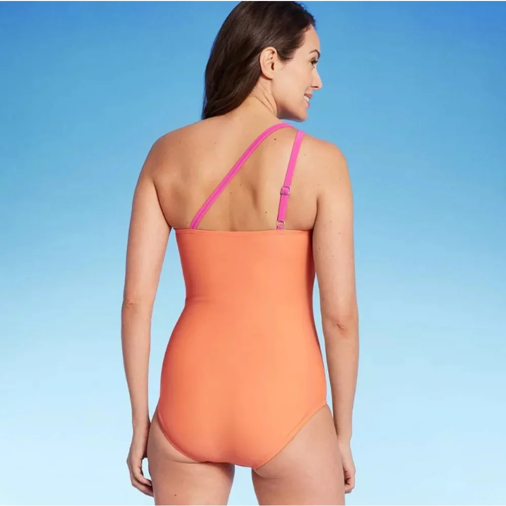 Lands' End One Piece Womens L Orange UPF 50 One Shoulder Tummy Control Swimsuit
